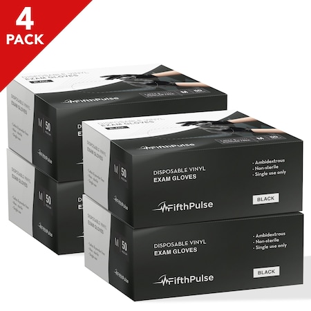 Fifthpulse 4 pack, Disposable Gloves, Vinyl, Powder-Free, M, 50 PK, Black FP-FMN100086-4A
